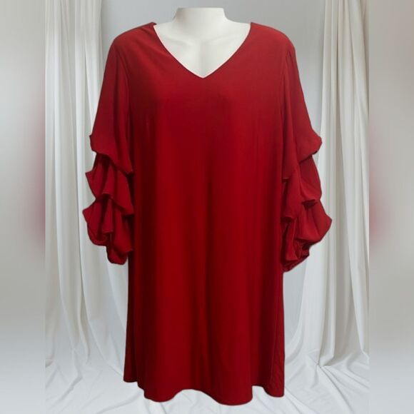 CATO Red Shift Dress Mameluke Tiered Puff Sleeve A-line V-Neck Flowy Midi Knee L - Picture 6 of 10